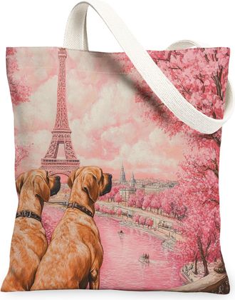 Generic Valentines Day Maltese Dog Canvas Tote Bag for Shopping 13x15, Eiffel Tower Puppy Reusable Grocery Print Bag for Women, Couple Beach Aesthetic Paintin