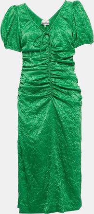 Ganni Ganni Green Crinkled Satin Ruche Detail Midi Dress