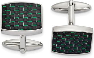 Diamond2Deal Stainless Steel Polished Black and Green Carbon Fiber Inlay Cufflinks