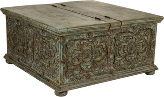 Wanderlust Deco Mesa baul de centro de madera artesanal azul 100x100x47