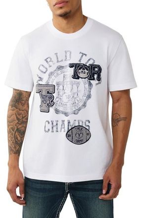 True Religion World Tour Champs Boucl&eacute; Patch Cotton Graphic T-Shirt in Optic White at Nordstrom, Size Xxx-Large