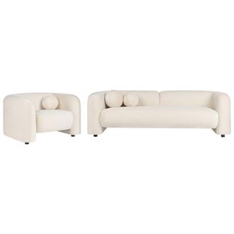Beliani Conjunto De Sala De Estar 4 Plazas Sof&aacute; Y Sill&oacute;n Moderno De Terciopelo Con Cojines Extra Blanco Crema Leiren