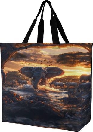 Generic Elephants in Sunset Water Reusable Shopping Bags Large Capacity Grocery Bag Heavy Duty Tote for Women 40x40x16cm