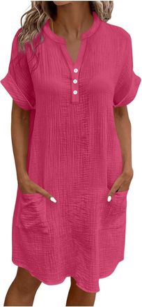 Generic Linen Dresses for Women UK Cap Sleeve Boho Dress Summer Midi Dress with Pockets Button V Neck Beach Shirt Dresses Milkmaid Kaftan Cotton Petite Ladies