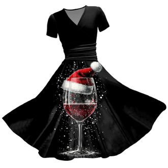 Generic Christmas Dresses for Women Party Print V Neck Short Sleeve Dress Dresses for Christmas Costumes Women Multi Colored Vintage Printed Holiday V Neck Lo