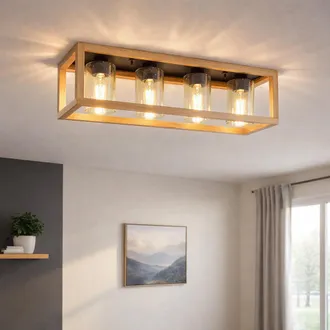 Globo Lighting Lampada Da Soffitto Tavolo Da Pranzo Retro Plafoniera Rustica Casa Di Campagna Lampada Da Soffitto Soggiorno Legno, Mdf Vetro Metallo Affumicato, 4 Fi