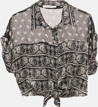 Balmain Black Paisley Print Silk Tie Knot Crop Top