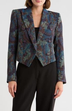 L'agence Lila Peak Lapel Boxy Crop Blazer in Teal Multi Jacquard at Nordstrom Rack, Size 14