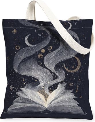 Generic Mystical Book Canvas Tote Bags, Starry Night Literary Design Reusable Bags, Vintage Lightweight Washable Shoulder Strap Can, Navy, 13x15 Inch