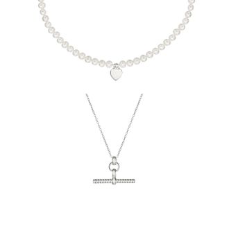 Lily & Roo Silver Twisted T-Bar and Large Pearl Personalised Heart Necklace Gift Set