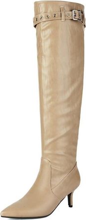 Generic Womens Pointed Toe Stiletto Heel Pumps Shoes Classic Slouchy Ruffles Buckle Strap Pull On Knee High Boots (Apricot,8.5)