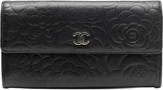 Chanel 2013-2014 CC Embossed Calfskin Camellia Flap Wallet long wallets - Black