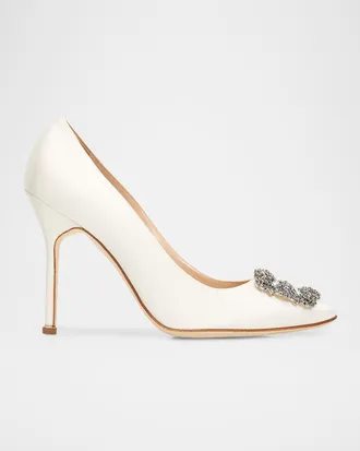 Manolo Blahnik 70mm Hangisi Satin Pumps with Crystal Buckle
