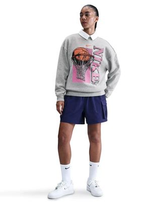 Nike Club T-Shirt Womens Gray Fleece Loose Fit Crew Neck Pullover DSGL7