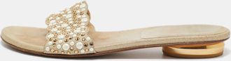 Stuart Weitzman Beige Textured Suede Studded Thong Slides