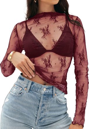Merokeety Womens 2025 Lace Mesh Sheer Long Sleeve Top Sexy Y2k Mock Neck See Through Shirt Blouses, Burgundy, M
