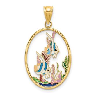 Diamond2Deal 14k Yellow Gold Enamel Angelfish In Underwater Scene Charm