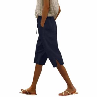 Generic Cotton Linen Shorts for Women Loose Knee Length Beach Bermuda Shorts Ladies Summer Casual Drawstring Cropped Trousers Comfy Lounge Pants with Pockets 
