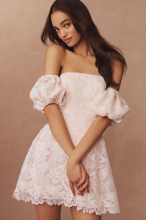 BHLDN Puff-Sleeve Lace Fit & Flare Mini Dress