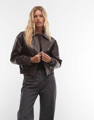French Connection giacca bomber in pelle sintetica color cioccolato-Marrone