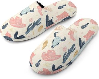 Generic Western Hat Boots Cow Skull Cactus Flannel Mens Slip-on Slippers Winter Warm House Shoes with Rubber Sole for Home Hotel