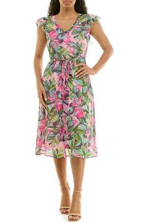 Nina Leonard V-Neck Sleeveless Fit & Flare Dress in Pink Multi at Nordstrom Rack, Size X-Large