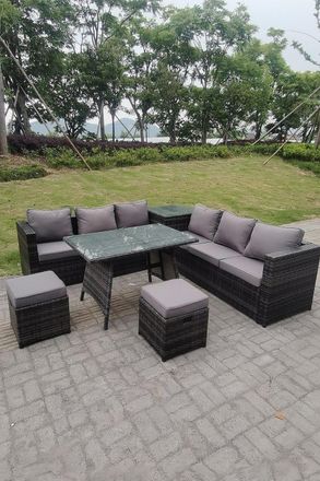 Fimous Outdoor Rattan Garden Furniture Set Corner Sofa Dining table With 2 PC Footstools in Dark Grey