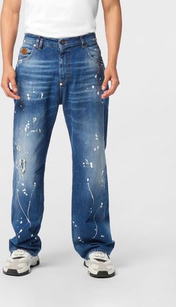 Philipp Plein Jeans wide leg in denim stretch con effetto usurato e logo posteriore
