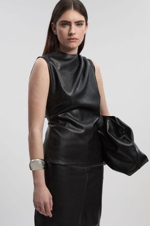 Karen Millen Womens Faux Leather Drape Sleeveless Top - Black - Size 16 UK