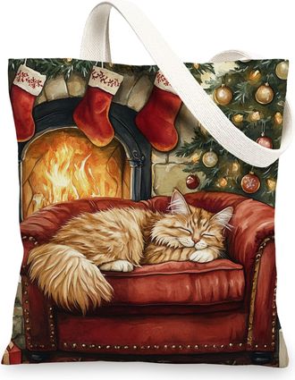 Generic Christmas Maine Coons Cat Canvas Tote Bag for Shopping 13x15, Xmas Fireplaces Scenic Reusable Grocery Print Pattern Bag for Women Men, Holiday New Yea