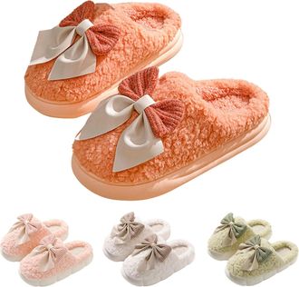 Generic House Slippers Women Terry Cloth, Bedroom House Shoes With Soft Padded Upper Straps Anti-Slip Indoor House Shoes Ladies Warm Loafer Slippers With Bow 