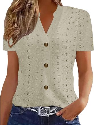 Generic Ladies Blouses, Vintage Floral Print Shirts Summer V Neck Short Sleeve Blouse Eyelet Embroidery T-Shirt Going Out Top for Women Causal Clothes Womens 