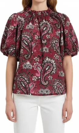 THML Clothing Velvet Puff Sleeve Top In Wine Paisley