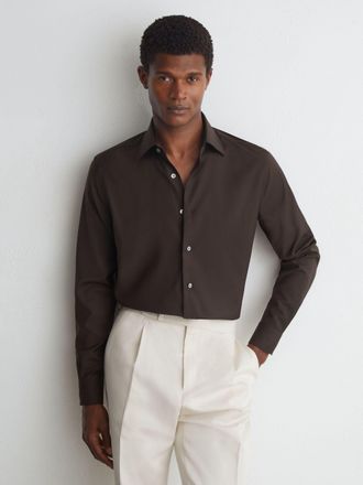 Ismad London Wool Long-sleeve Slim-fit Shirt, Brown, 155
