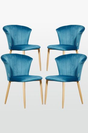 Life Interiors Set of 4 Elsa Velvet Dining Chairs with Wooden Legs, Curved Back & Comfortable Seating in Blue