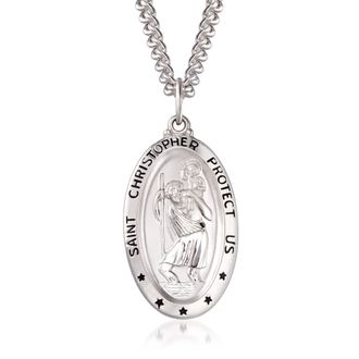 Ross-Simons Mens Sterling Silver and Stainless Steel Saint Christopher Protect Us Pendant Necklace