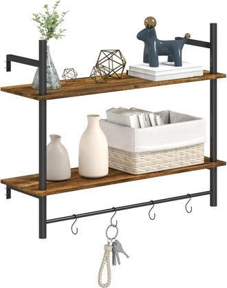 HOMCOM Wall Shelf Unit with 4 Hooks for Living Room - Entryway - Rustic Brown | TJ Hughes Grey