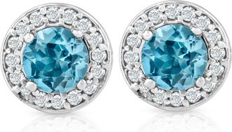 Pompeii3 3/4ct Halo Diamond Blue Topaz Studs 14K White Gold