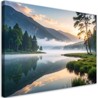 Feeby Cuadro En Lienzo, Vista Lago Bosque En La Niebla, 120x80