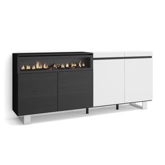 Skraut Home Aparadores Para Sal&oacute;n, Gran Capacidad De Almacenaje, 200x87x35cm, 4 Puertas, Chimenea El&eacute;ctrica, Dise&ntilde;o Industrial, Estilo Moderno, Blanco Y Negro - S