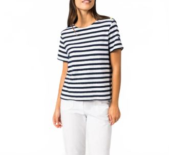 Saint James Short Sleeve Tee With Boucl&eacute; Stripes And Shoulder Buttons In White And Marine
