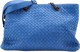 Bottega Veneta Blue Intrecciato Leather Double Chain Tote Medium (Authentic Pre-Loved)