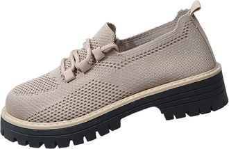 Generic Ladies Casual Shoes Wide Fit Walking Shoes Round Toe Flat Low Heel Breathable Non-Slip Lace Up Comfortable Casual Loafers Work Leisure Beige