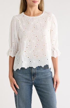 Forgotten Grace Eyelet Cotton Puff Sleeve Top in White at Nordstrom Rack, Size X-Large