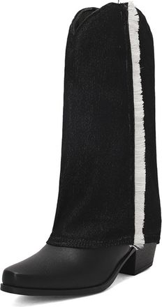 Generic Womens Denim Fringe Cowboy Boots White Black PU Toe Comfortable Low Block Heels Non-Slip Wear-Resistant Sole for Daily Casual Outdoor Western Style,Bl