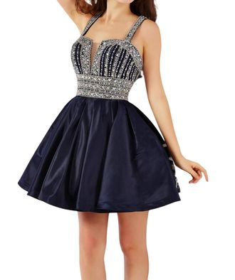 Angela & Alison Rhinestone Short Prom Dress In Navy