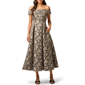 Adrianna Papell Off the Shoulder Jacquard Gown in Black/taupe at Nordstrom, Size 10