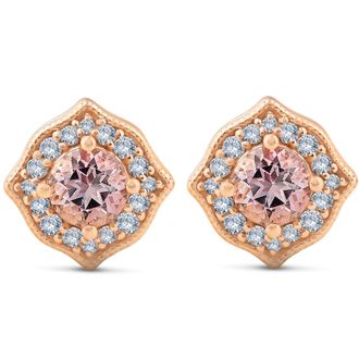 Pompeii3 5/8ct Pink Topaz & Diamond Vintage Halo Studs 14k Rose Gold