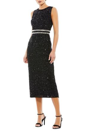 Mac Duggal Sleeveless High Neck Beaded Midi Sheath Dress in Black at Nordstrom, Size 16
