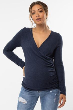 Pinkblush Brushed Knit Wrap Front Top in Navy Blue at Nordstrom, Size Large
